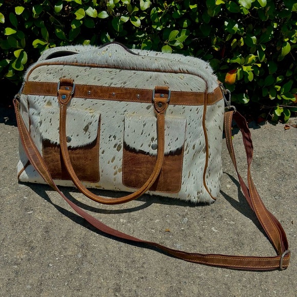 Cowhide and Leather White and Gold Metallic Duffle Bag - Picture 1 of 4